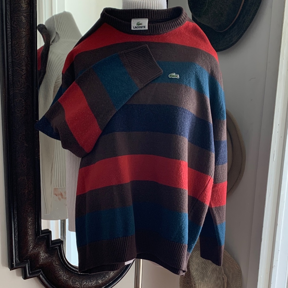 Lacoste Striped Crewneck Sweater in Red, Navy & Brown